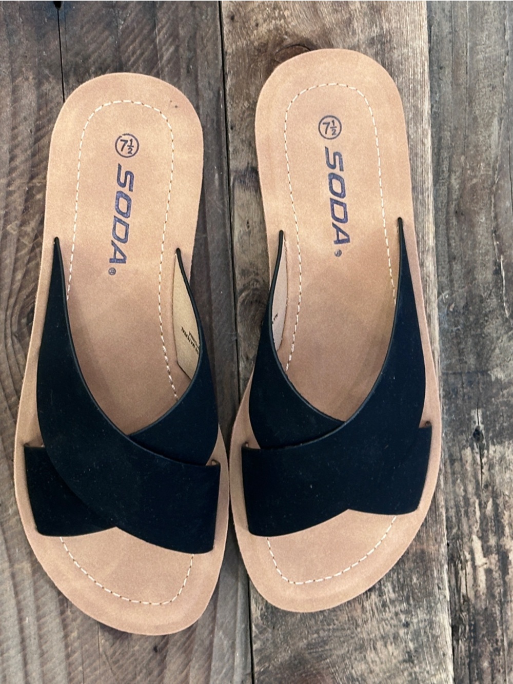 SODA Black Crossband Sandals with Tan Footbed